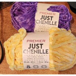 2 Premier Just Chenille Yarn Yellow Purple Polyester 65 Yrds Each 2017-14 201717
